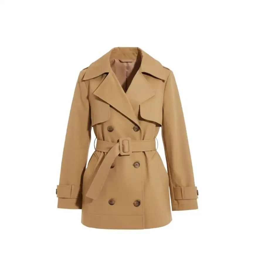Tan double-breasted trench coat with a belted waist and flap pockets