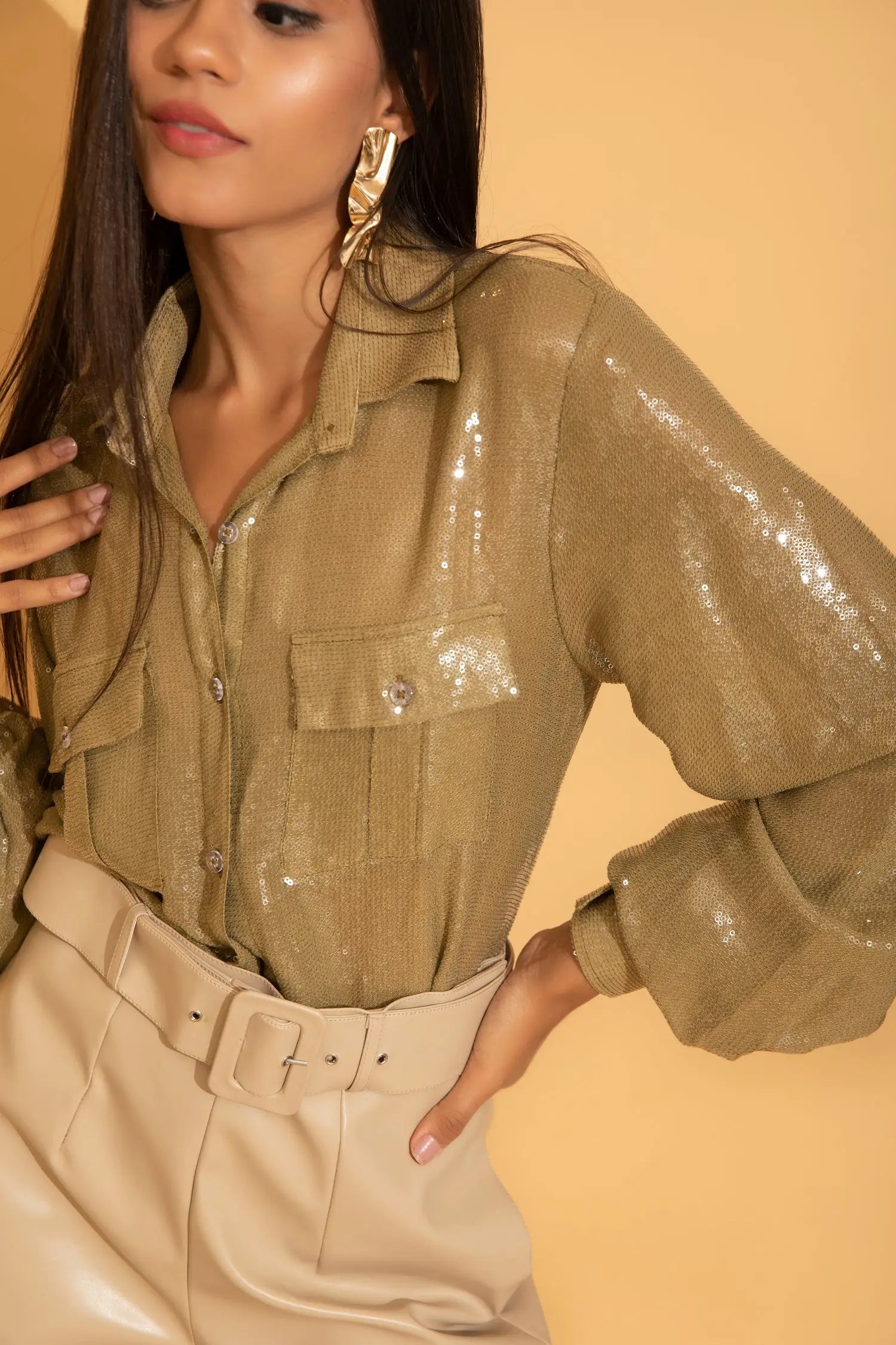 Tea Green Sequins Shirt - SHIRTS