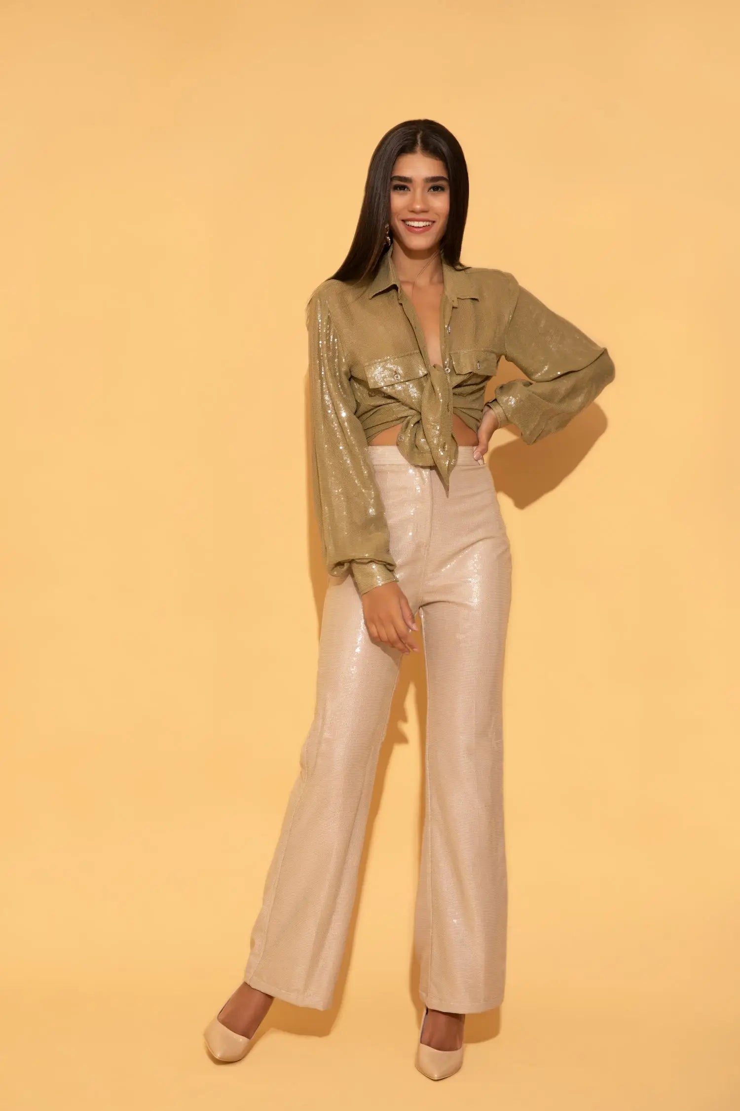 Tea Green Sequins shirt styled with Cream Sequins Pants from Torqadorn