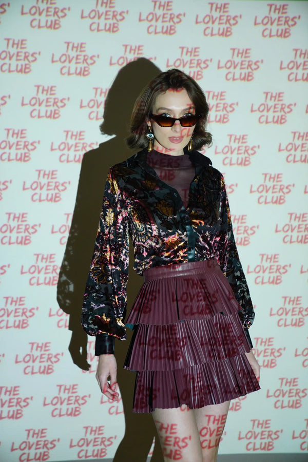 Velvet Shirt & Wine Faux Leather Skirt Co-ord Set - SET