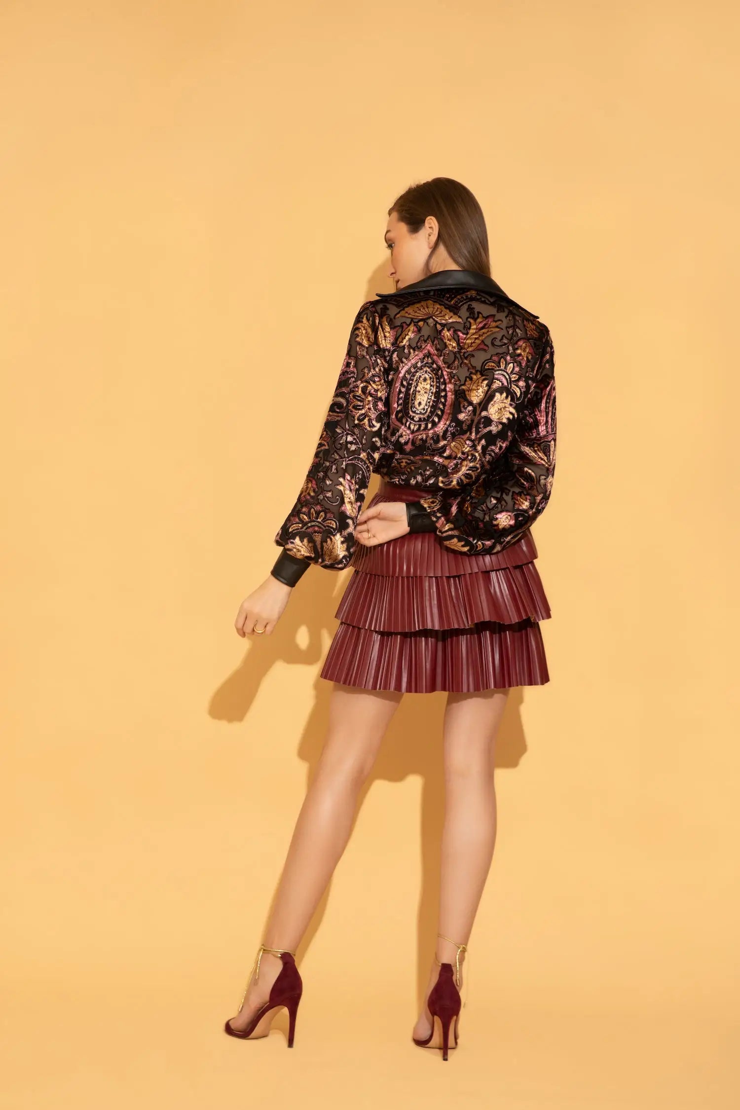 Velvet Shirt & Wine Faux Leather Skirt Co-ord Set - SET