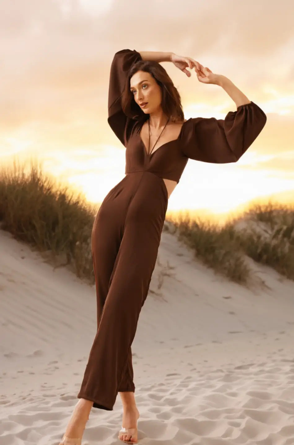 Walnut V-neck Jumpsuit - Jumpsuits