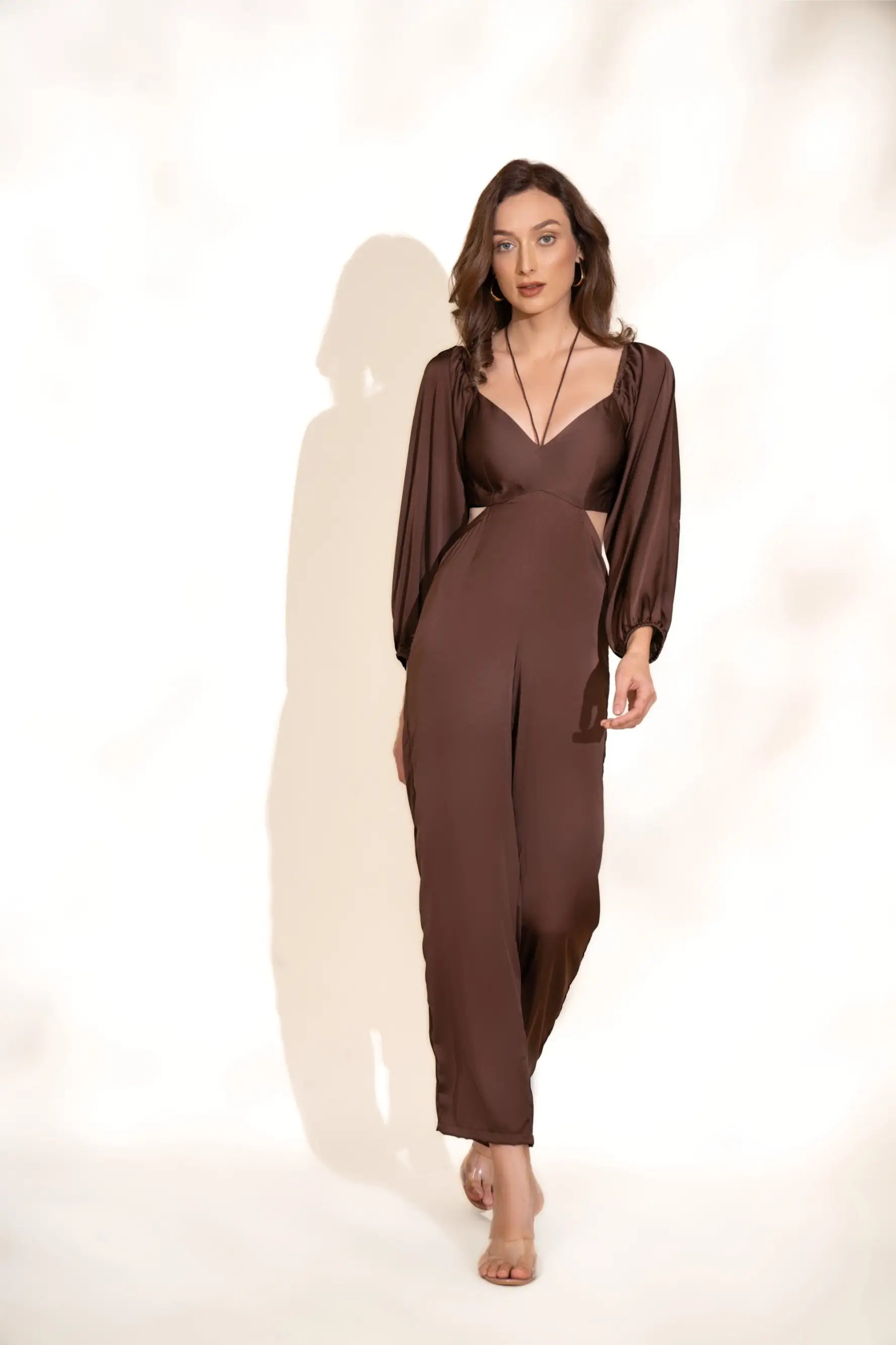 Walnut V-neck Jumpsuit - Jumpsuits