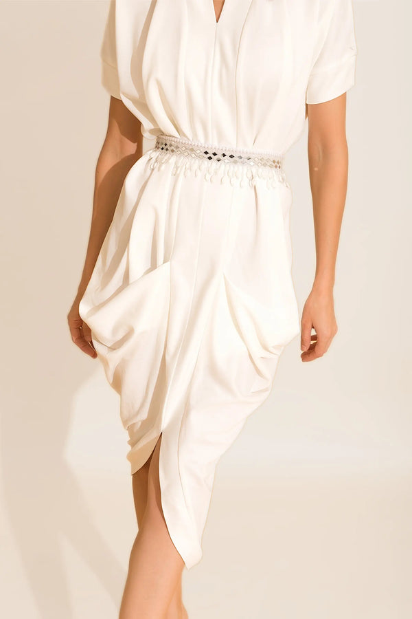 White Double Cowl Dress with White Tassel Belt Co-ord Set - SET
