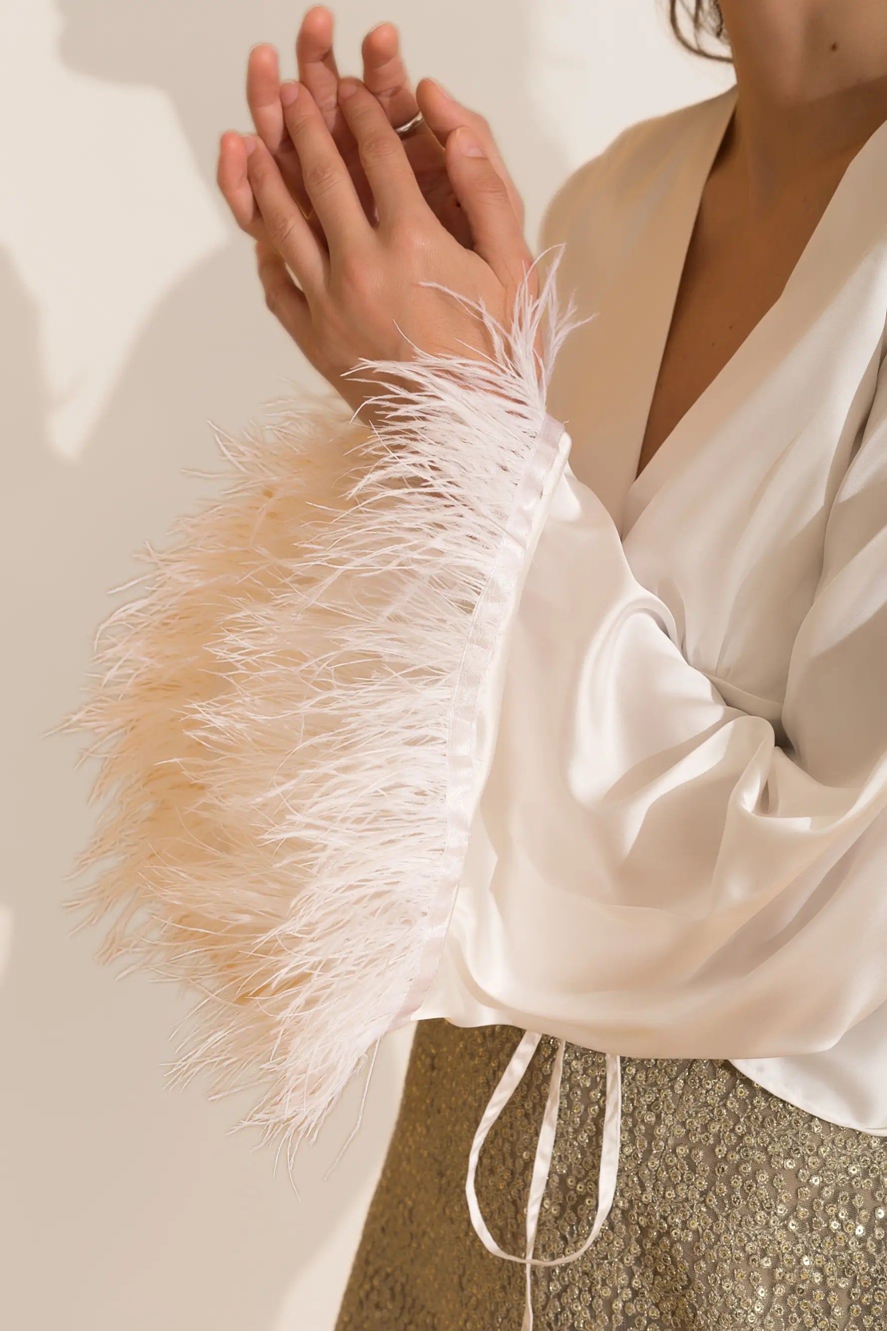 White Satin Feather Detailing Top - TOPS