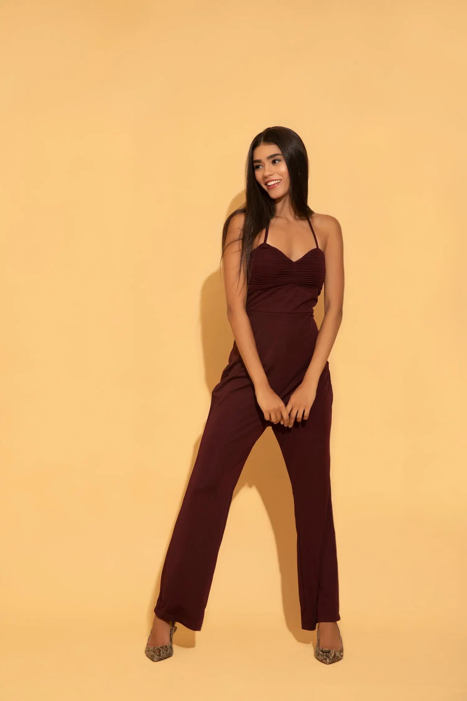 Wine Halter Jumpsuit - Jumpsuits