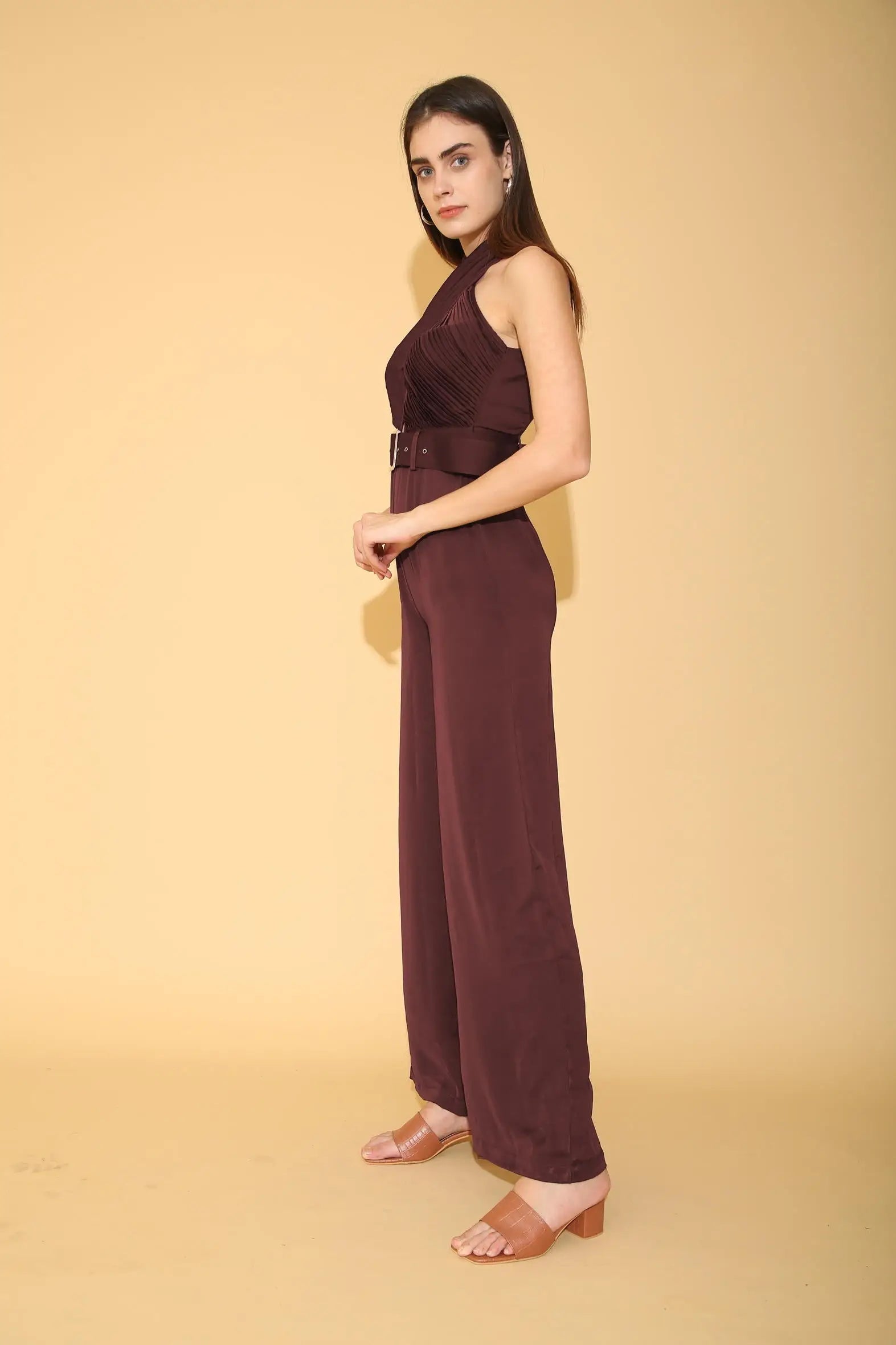 Wine Pleated Torso Jumpsuit - Jumpsuits