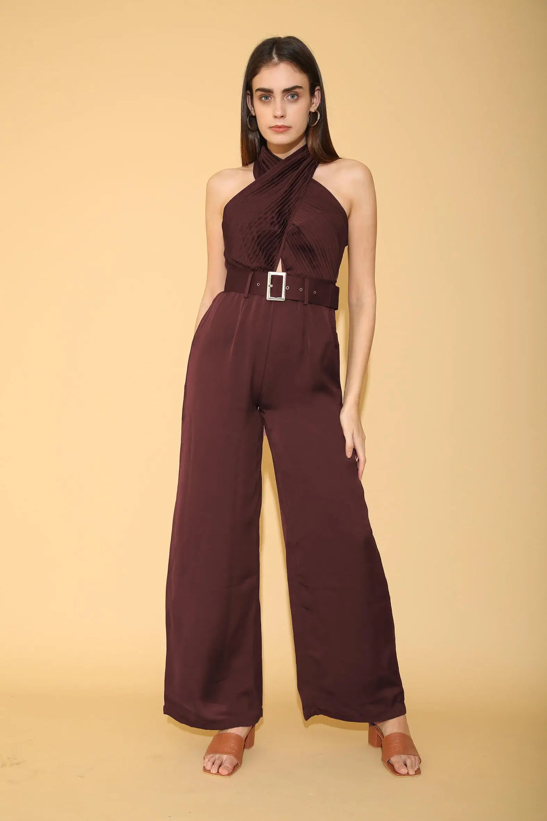 Wine Pleated Torso Jumpsuit - Jumpsuits