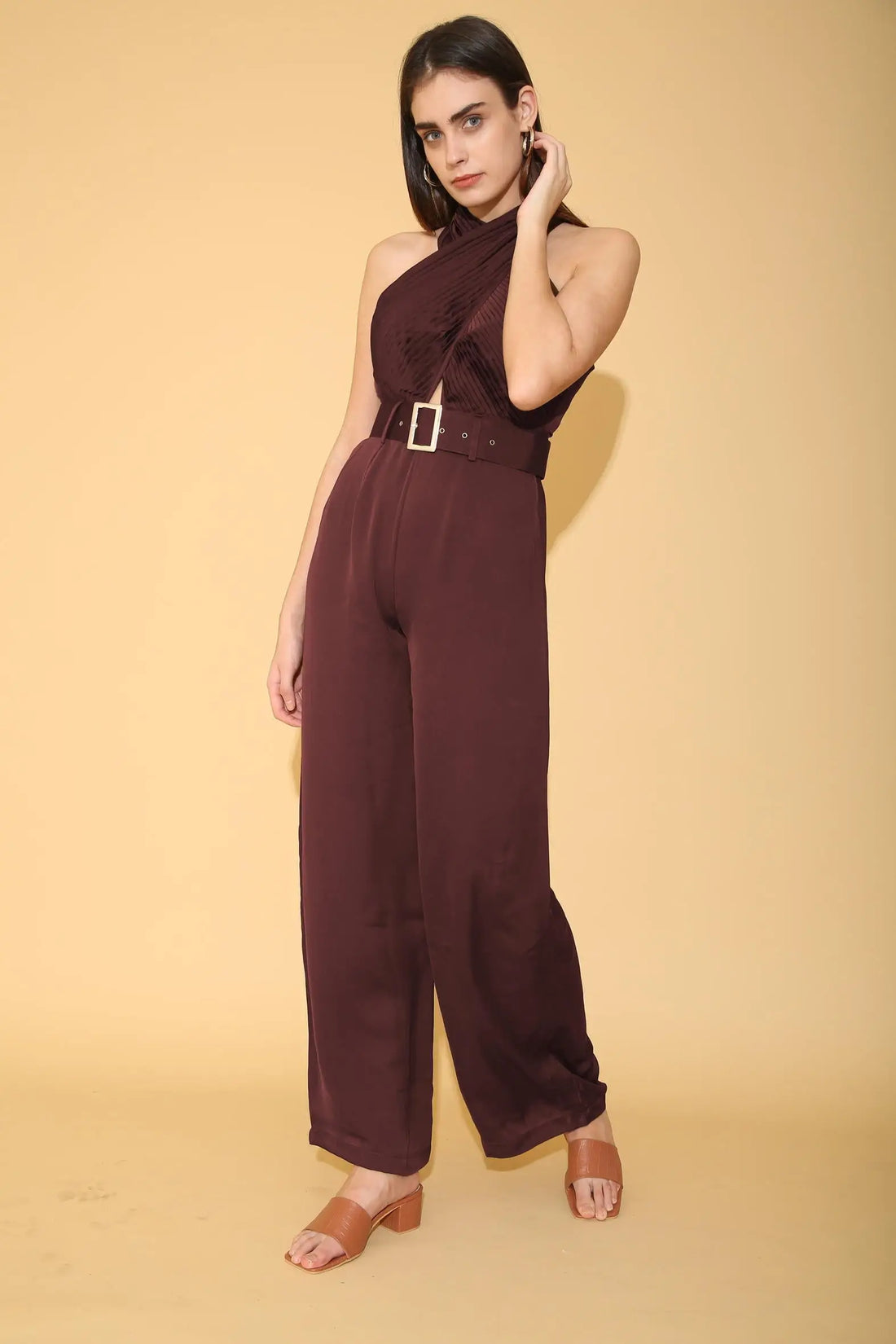 Wine Pleated Torso Jumpsuit - Jumpsuits