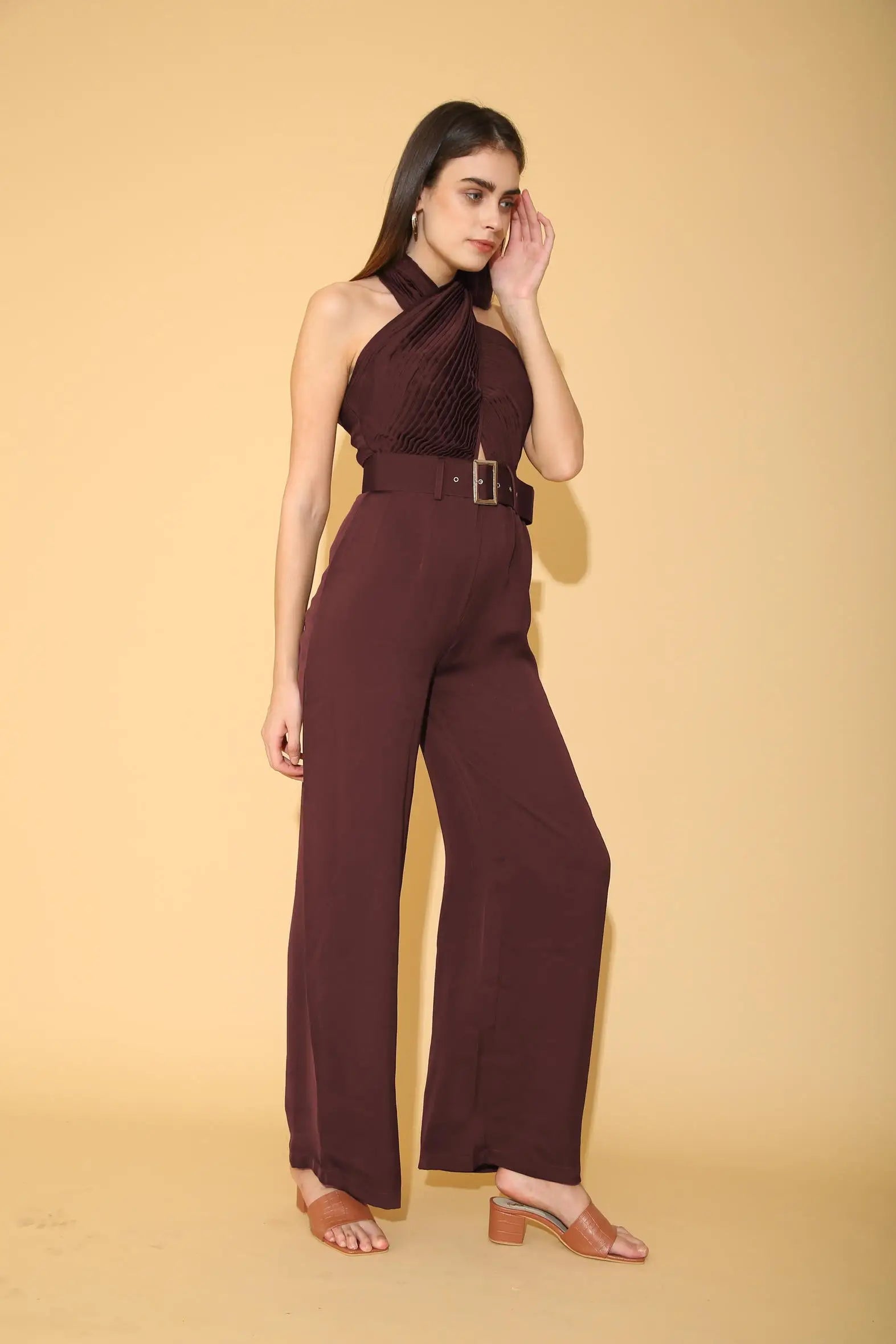 Wine Pleated Torso Jumpsuit - Jumpsuits