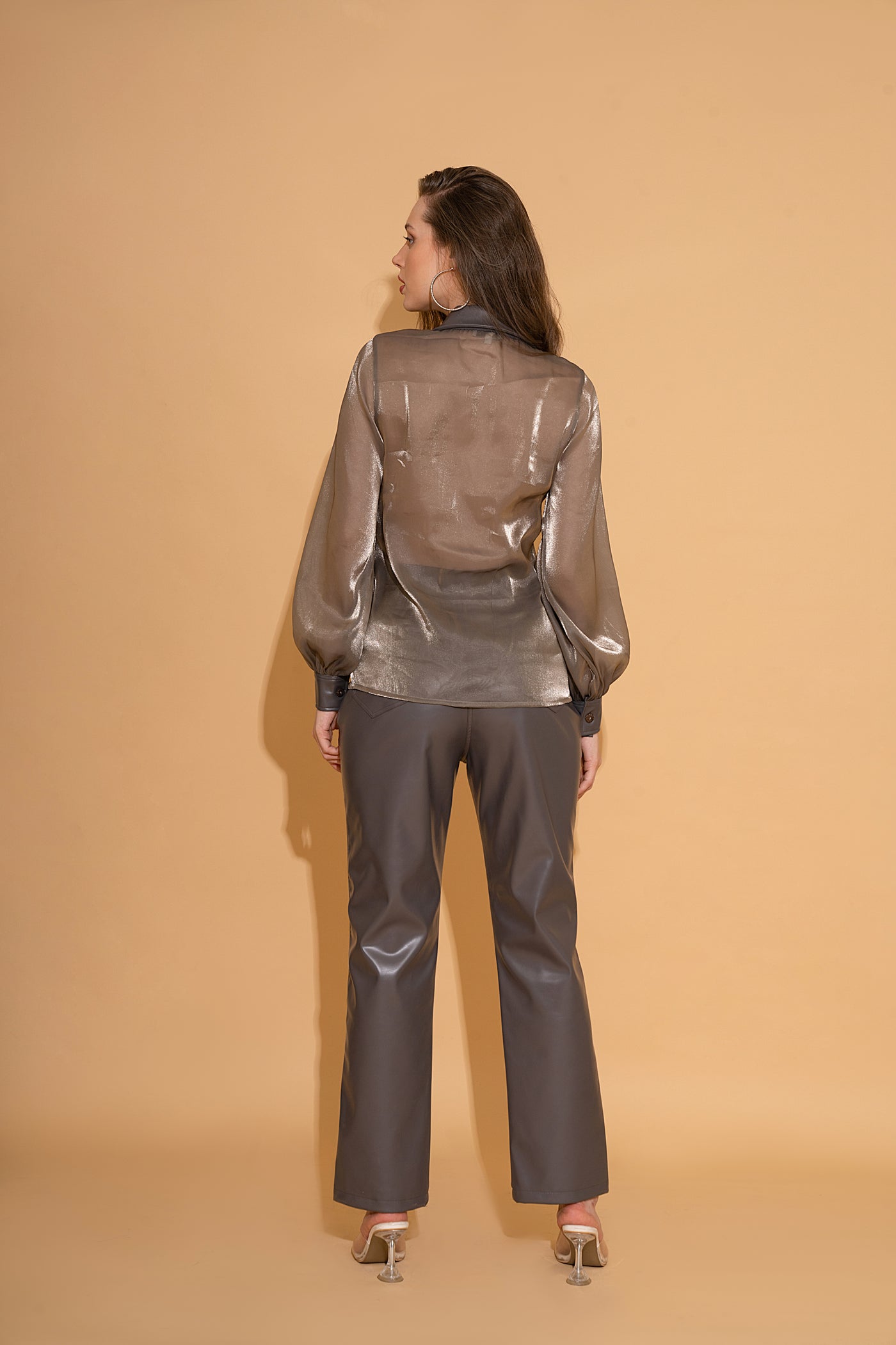 Grey Organza Lapel Shirt and Grey Leather Pants Co-ord Set