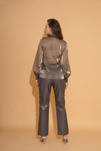 Grey Organza Lapel Shirt and Grey Leather Pants Co-ord