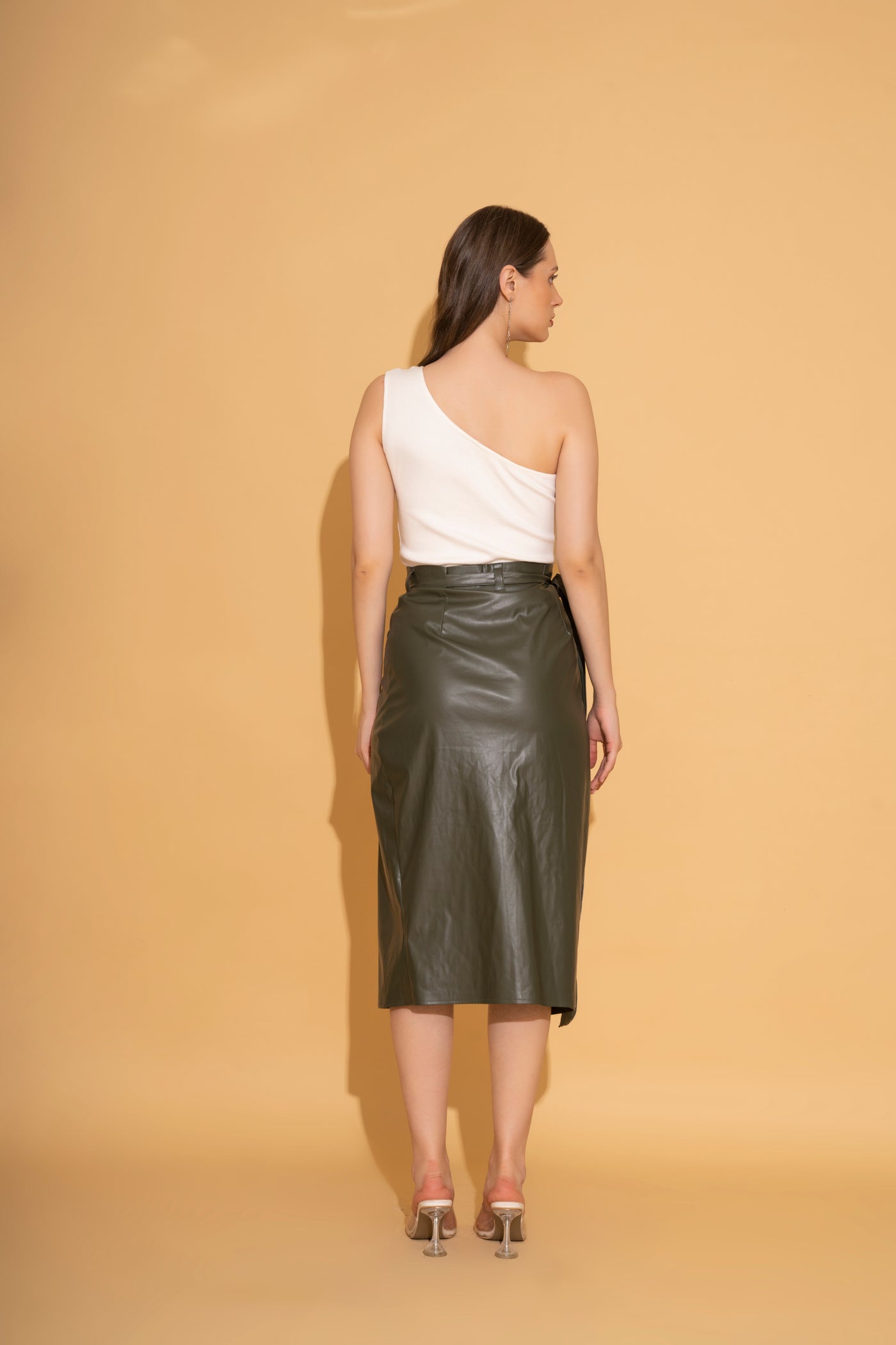 Olive Green Leather Overlap Skirt