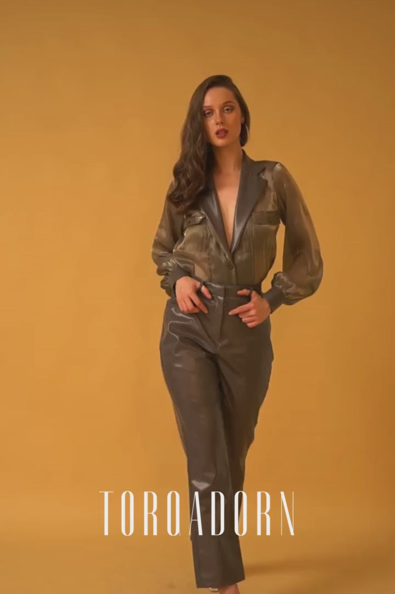 Grey Organza Lapel Shirt and Grey Leather Pants Co-ord Set