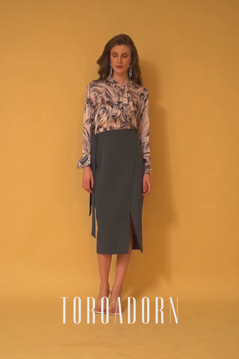 Printed Neck Tie Shirt and Blue Overlap Skirt Co-ord