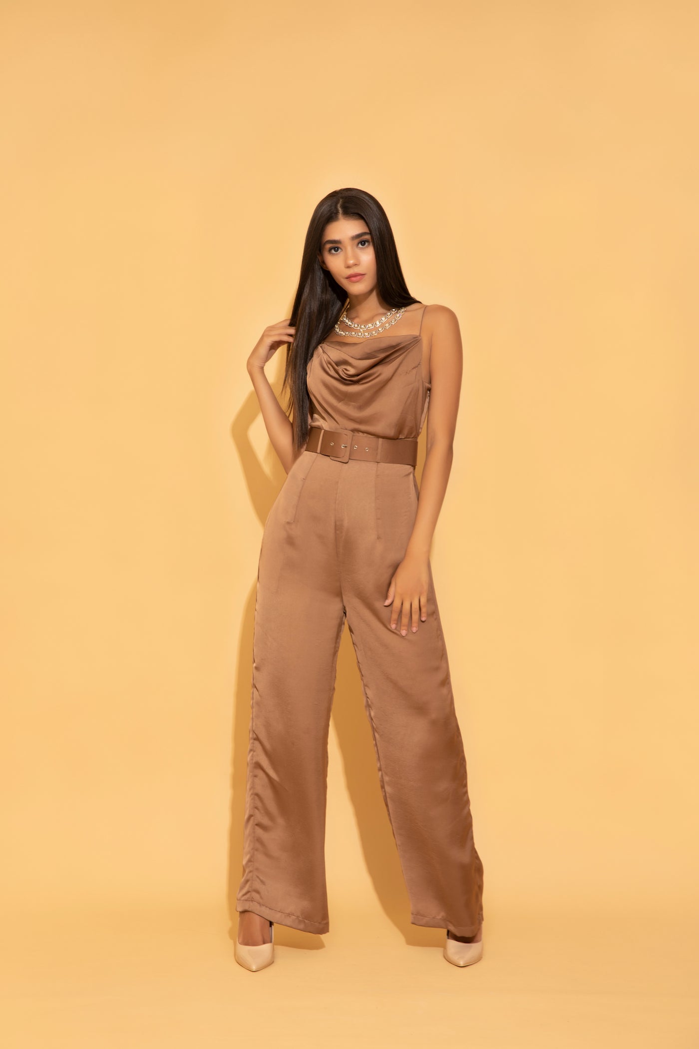 Jumpsuit in rich luxurious satin fabric with a sexy cowl neck from Torqadorn