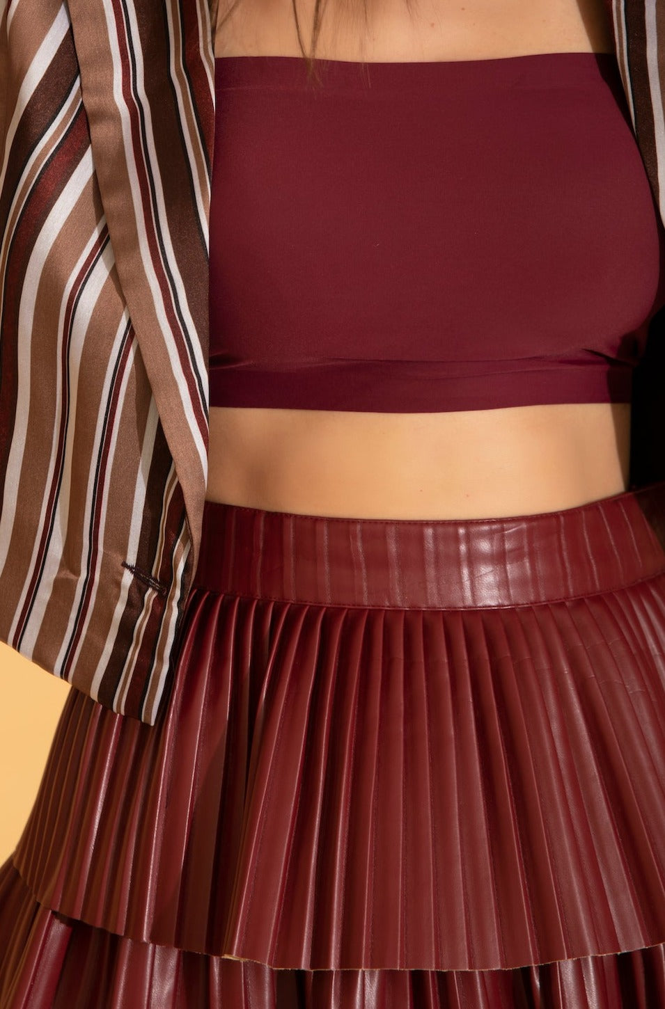 Velvet Shirt & Wine Faux Leather Skirt Co-ord Set
