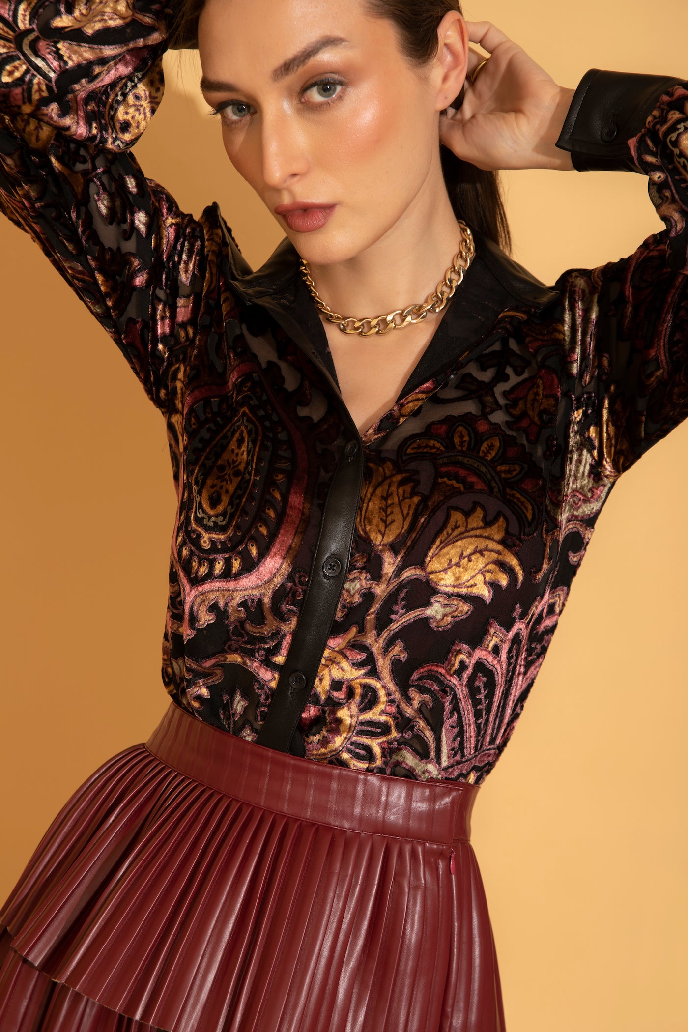 Velvet Shirt & Wine Faux Leather Skirt Co-ord Set