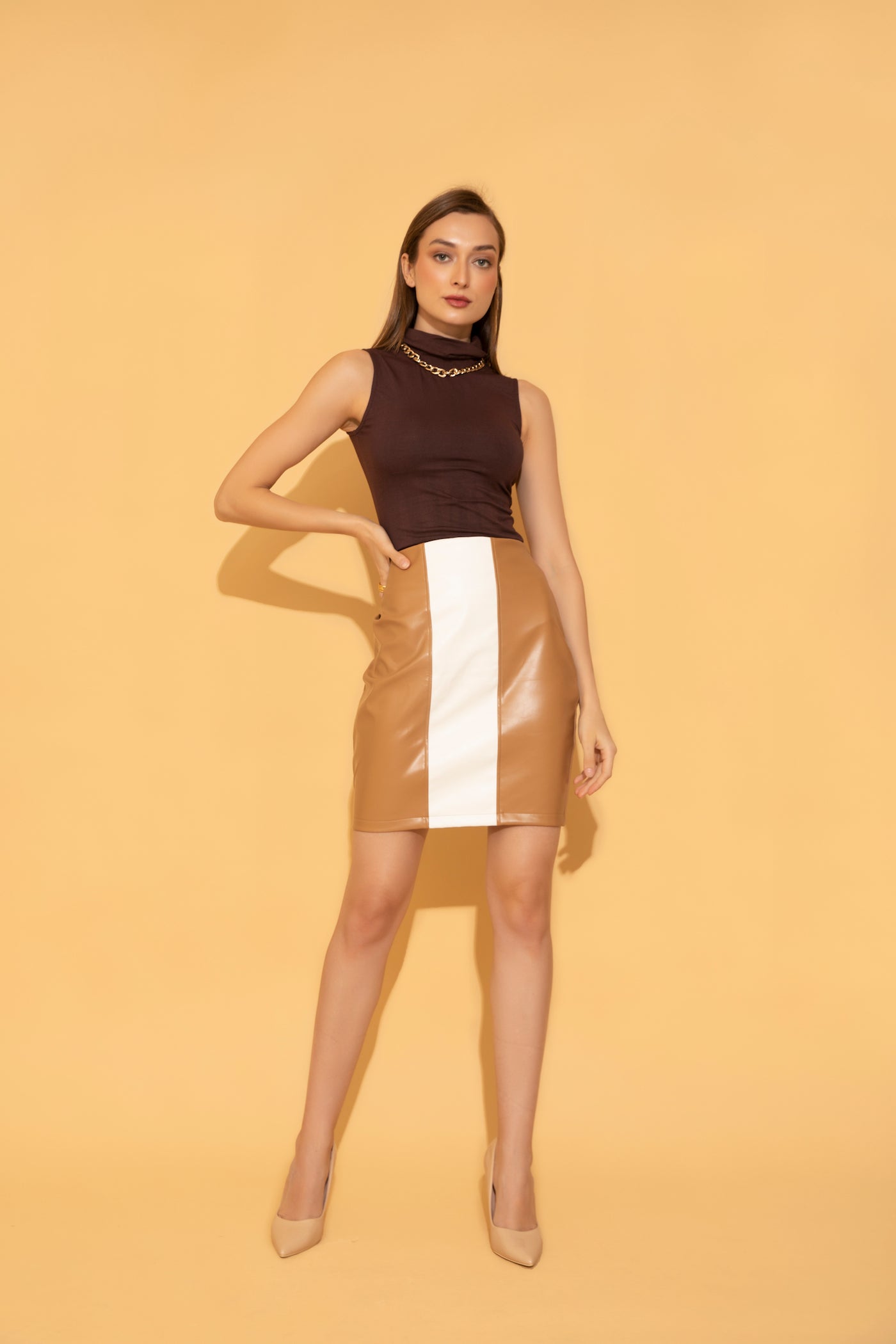 Colourblock  knee length skirt in faux leather from Torqadorn