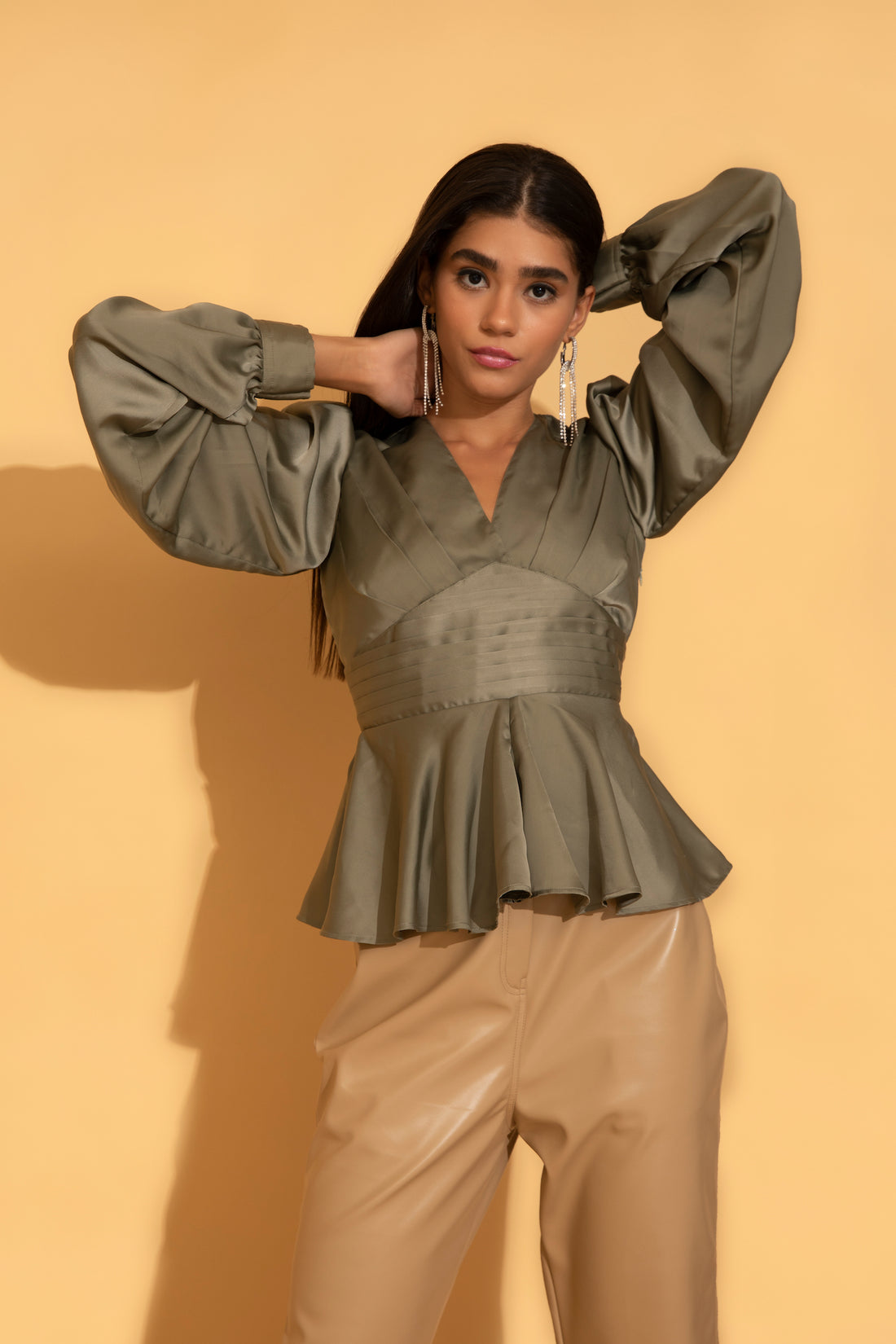 Green satin ruffle top for a casual summer outing or office wear from Torqadorn