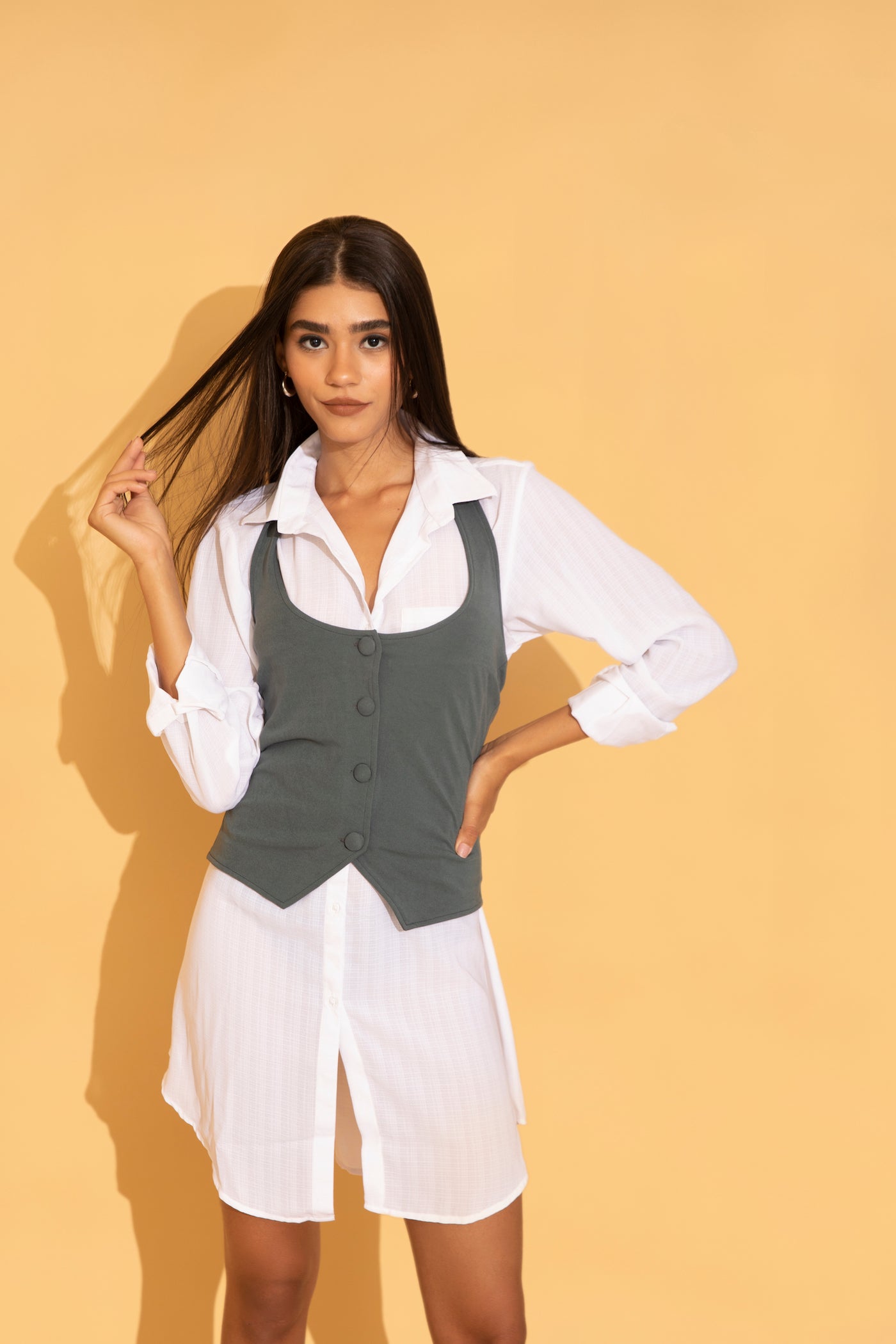Multi-purpose soft fabric waistcoat from Torqadorn styled with white shirt
