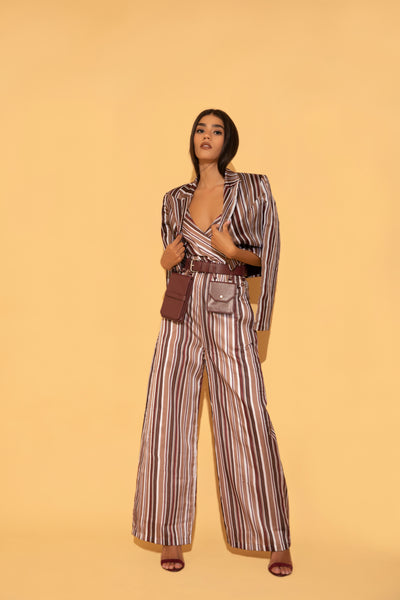 Multicolour striped crop blazer in satin with striped jumpsuit and bag belt from Torqadorn