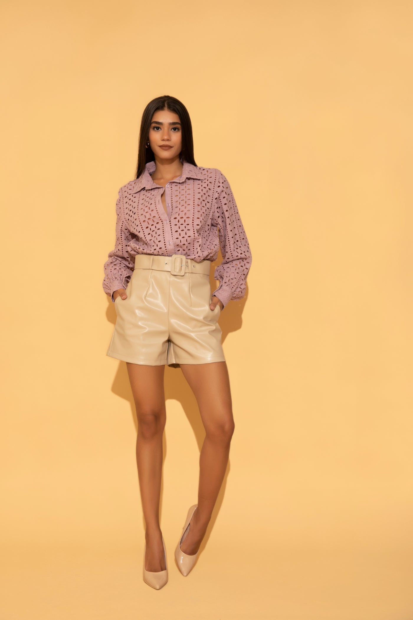 Lilac Schiffli Shirt from Torqadorn styled with Cream Faux Leather Shorts
