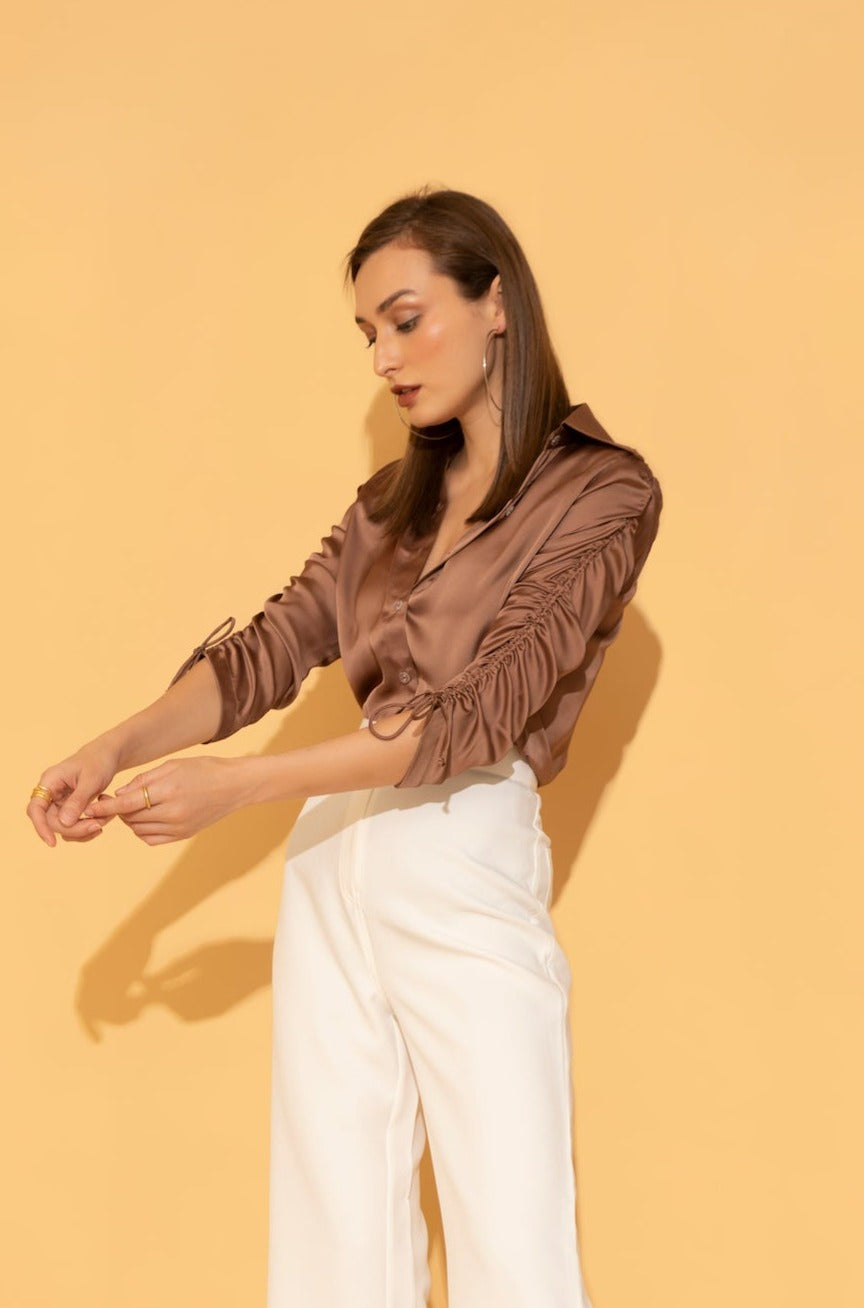 Brown semi-formal shirt in satin for office or a casual day out from Torqadorn