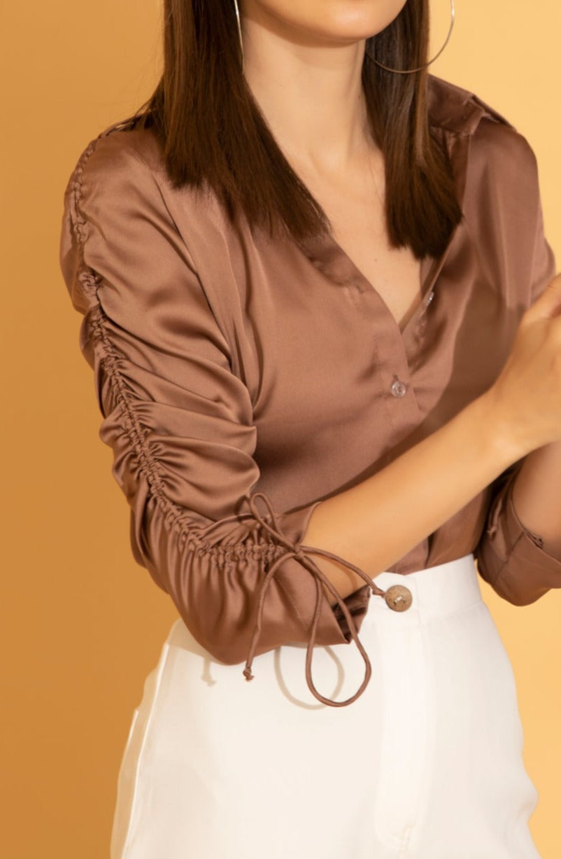 String sleeve detailing as seen on a Brown Satin Shirt from Torqadorn