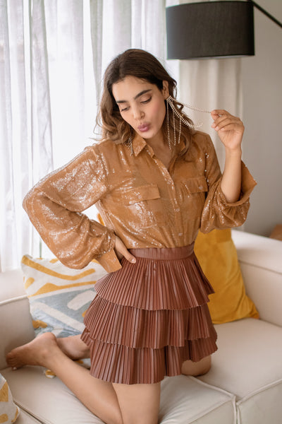 Sequins Shirt and Faux Leather Skirt Co-ord Set of 2