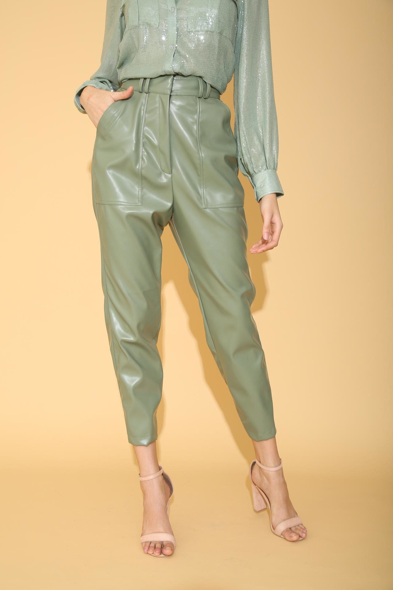 SAGE GREEN FAUX LEATHER PANTS