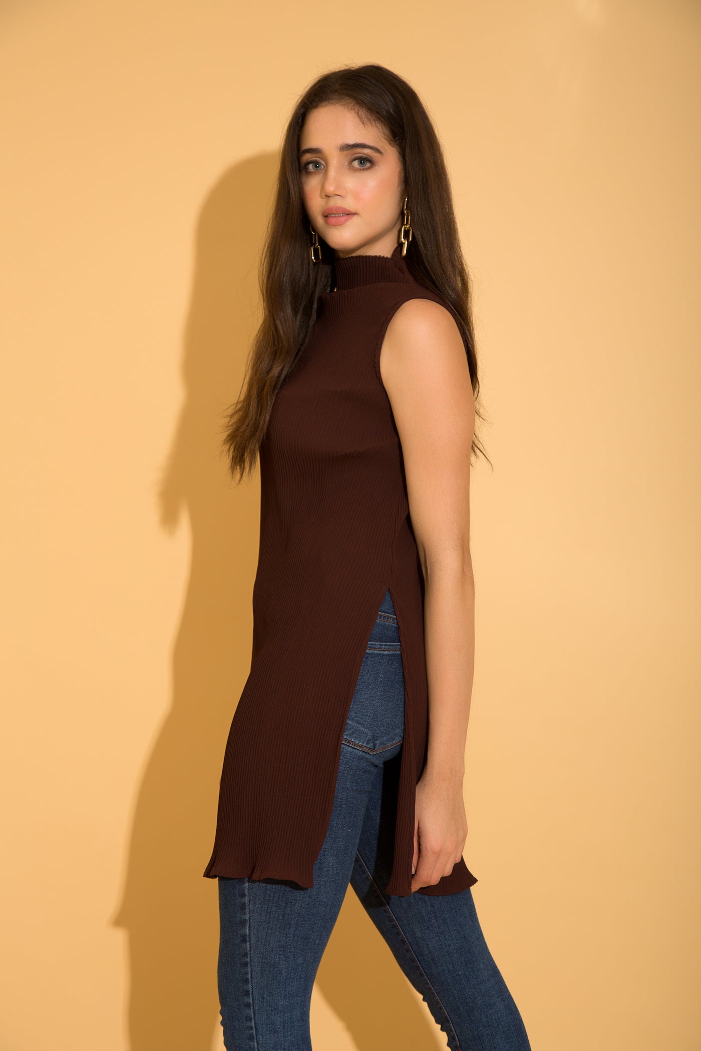Brown High Neck Micro-pleated Tunic