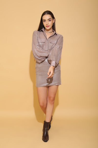 Signature sequins shirt from Torqadorn in grey styled with grey sequins skirt