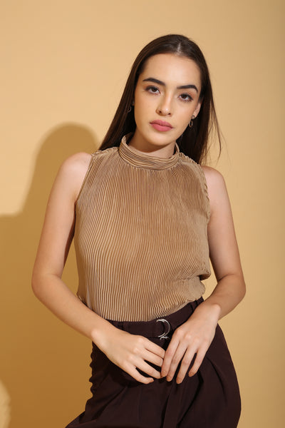 Beige Pleated High Neck Top