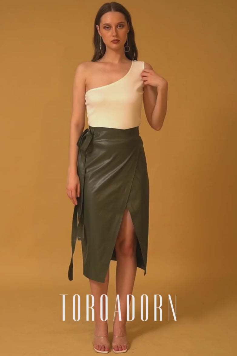 Olive Green Leather Overlap Skirt