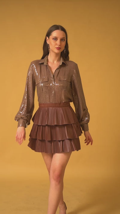 Grey Sequins Shirt and Brown Faux Leather Skirt Co-ord Set