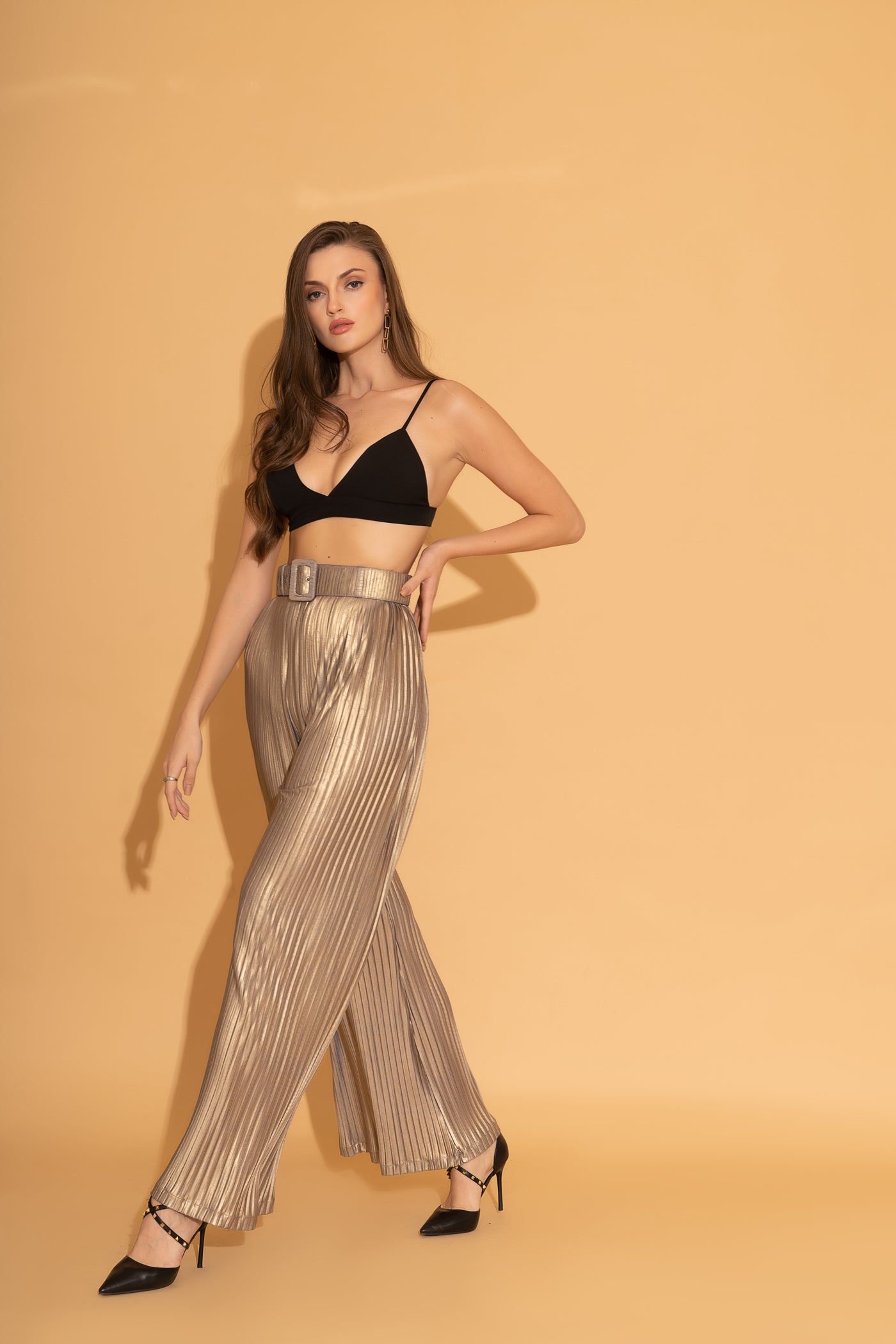 Gold Pleated Belted Pants