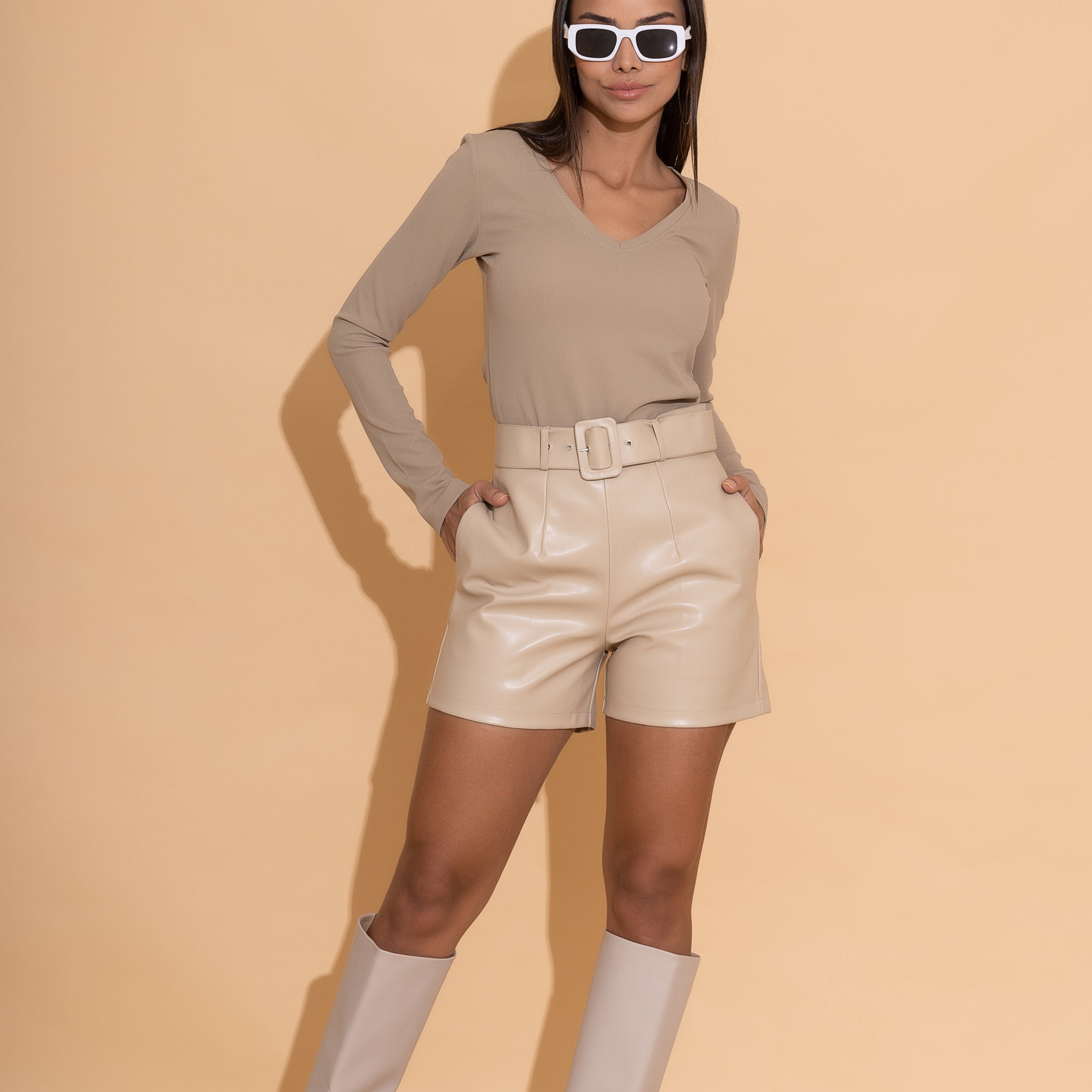 Beige Lycra V Neck Top